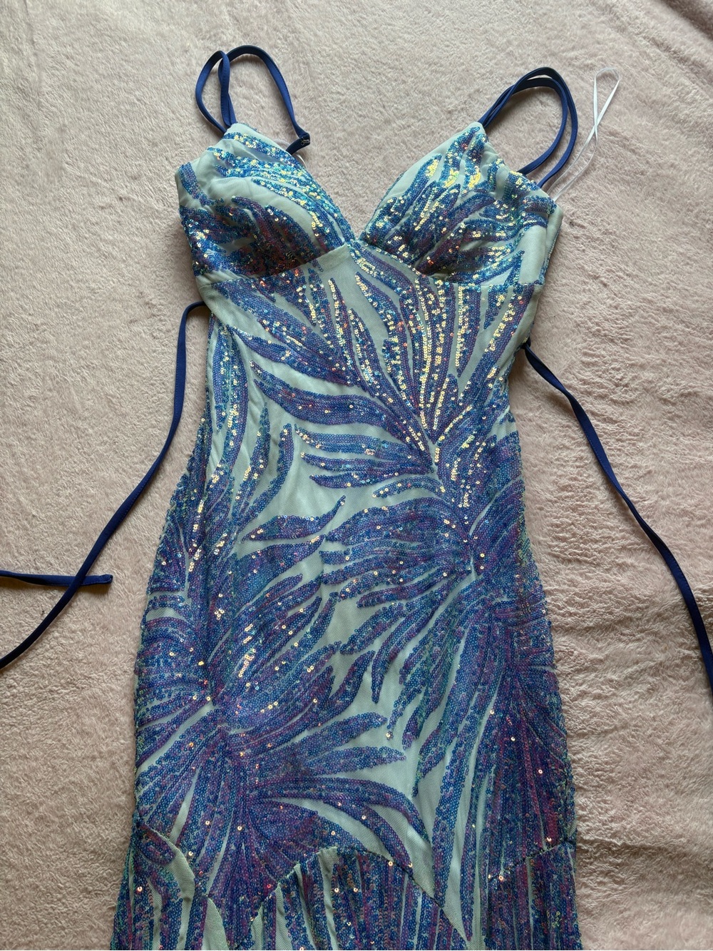 Morgan & Co. Iridescent Blue Sequin Leaf-Pattern Prom Dress